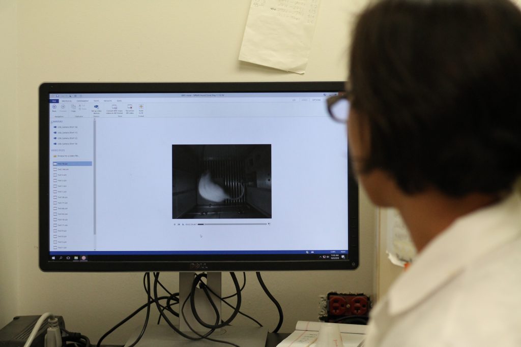 Dr. Diehl at the computer analyzing videos of a rat in the platform avoidance task.